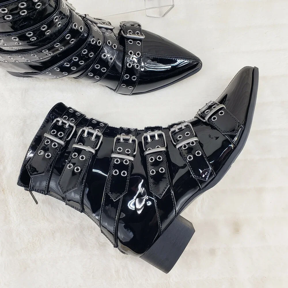 NIB DEMONIA Wicked Warlock 70 Multi Strap Winklepicker Ankle Boots Men's Patent